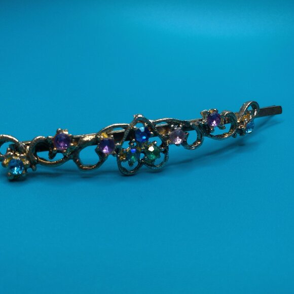 Heart Hair Clip, Silver/Gold color, Pink and blue rhinestone, shiny crystals - Picture 1 of 15